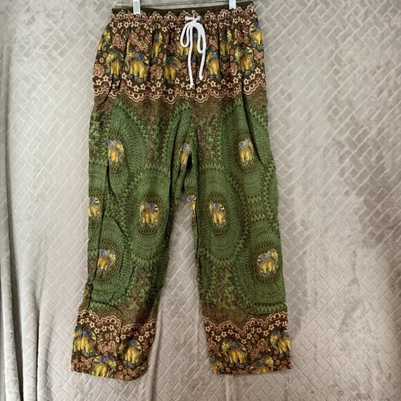 Kathmandu Pants - Kathmandu Imports Sz M Pants Green Colorful Elephant Baggy Boho Hippie Festival